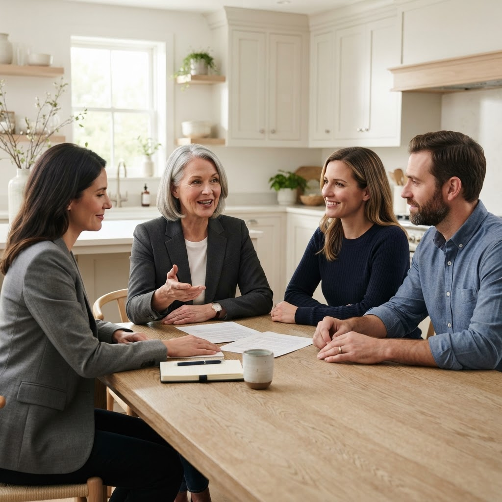 A family-business founder and the next generation discussing succession planning with an attorney around a modern kitchen table